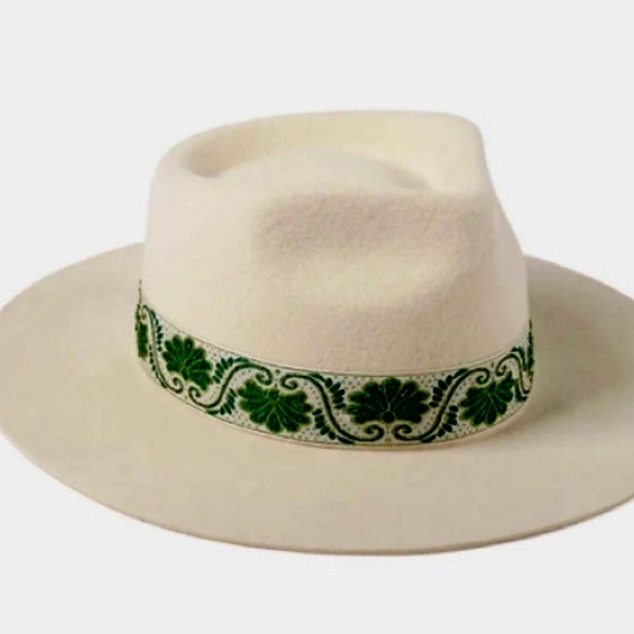 Vintage classic fedora in white ivory with embroidered  ivy green… - Picture 13 of 14